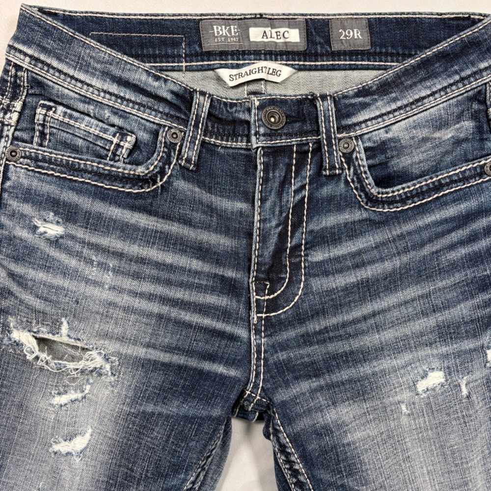 BKE Jeans Mens 29R Alec Straight Leg Blue Distressed Denim EUC - Picture 2 of 15